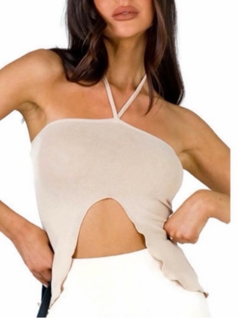Princess Polly Gabriel Halter Top Beige Sheer Open Back Boho Going Out Size 2